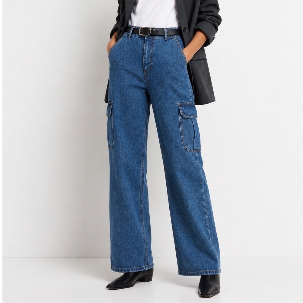 The Frankie Shop Kai Pants Womens Medium Blue Denim Cargo Straight‎ Leg Casual